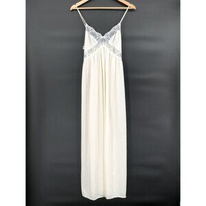 Vintage Miss Elaine Women's Lace Trim Satin Maxi Nightgown S Ivory Sheer 1980's